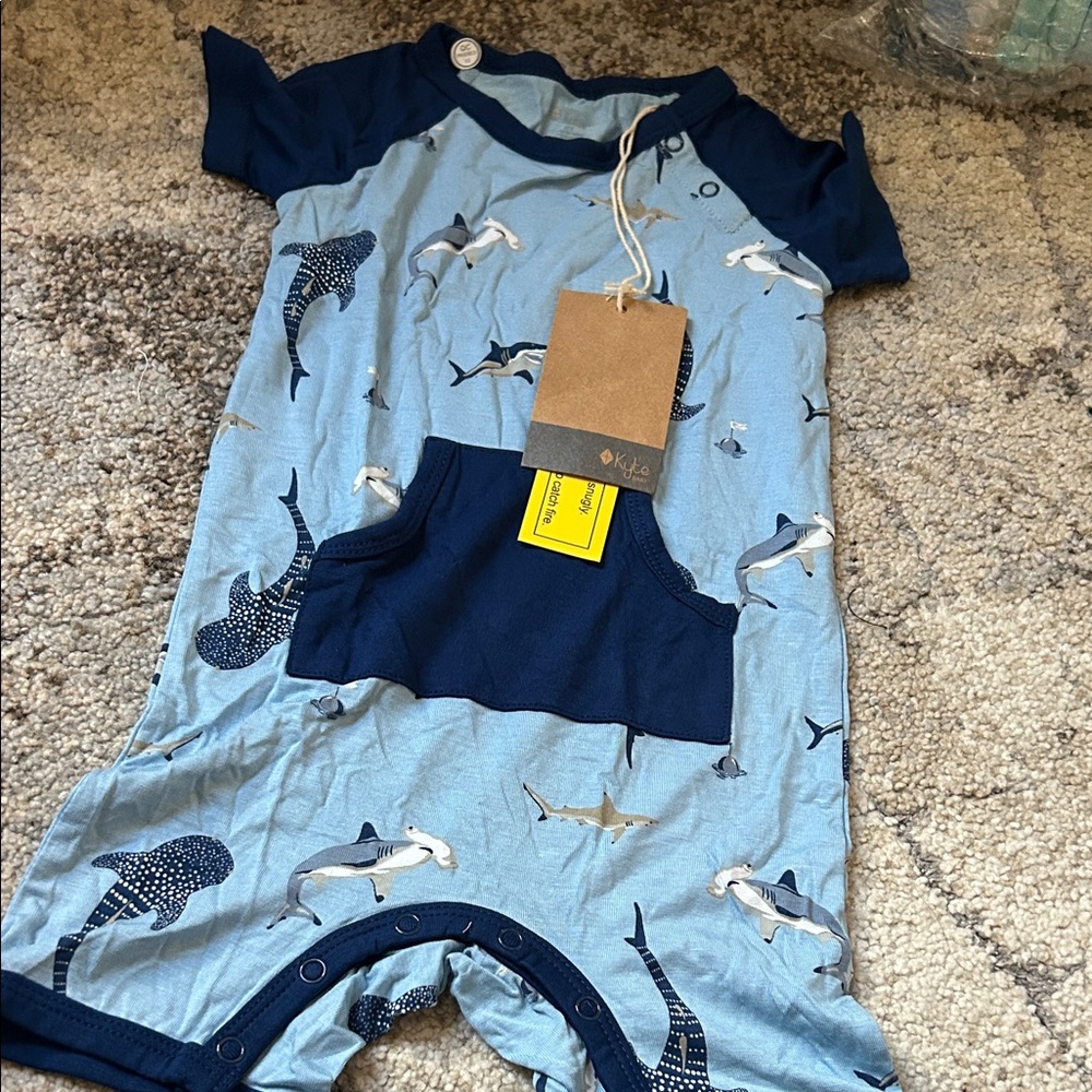 Kyte BABY Blue Shark Print One Piece stream shark short-all 2T